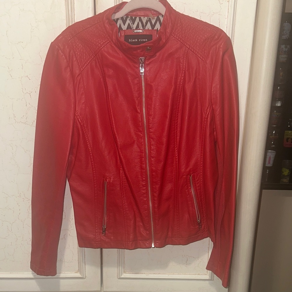 Black Rivet Red Leather Moto Jacket